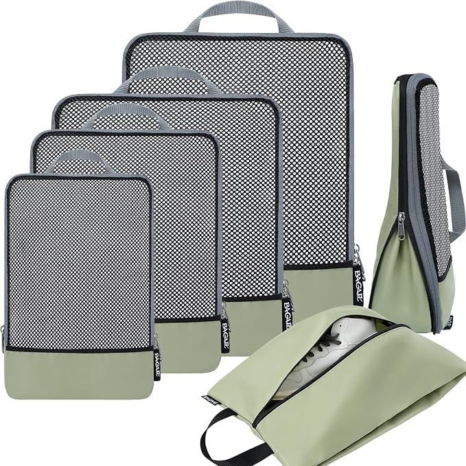 BAGAIL 4 Set/6 Set/8 Set Compression Packing Cubes Travel Accessories Expandable Packing Organizers (Half Mesh, 6-Matcha Green) by BAGAIL