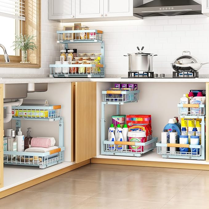 PXRACK Under Sink Organizer, Adjustable Height, 2 Tier Pull Out Under Cabinet Organizer, Slide Out Thickened Metal Under Sink Storage for Kitchen Bathroom Laundry Pantry Cabinet, Blue, Large-2-Pack - Image 7
