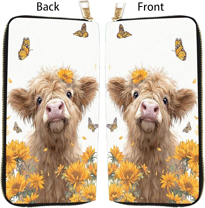 Women's RFID Blocking PU Leather Zip-Around Wallet, Large Capacity Clutch with Phone Holder, Travel Purse & Card Organizer with Removable Wristlet,Highland Cow Butterfly Flower - Image 5