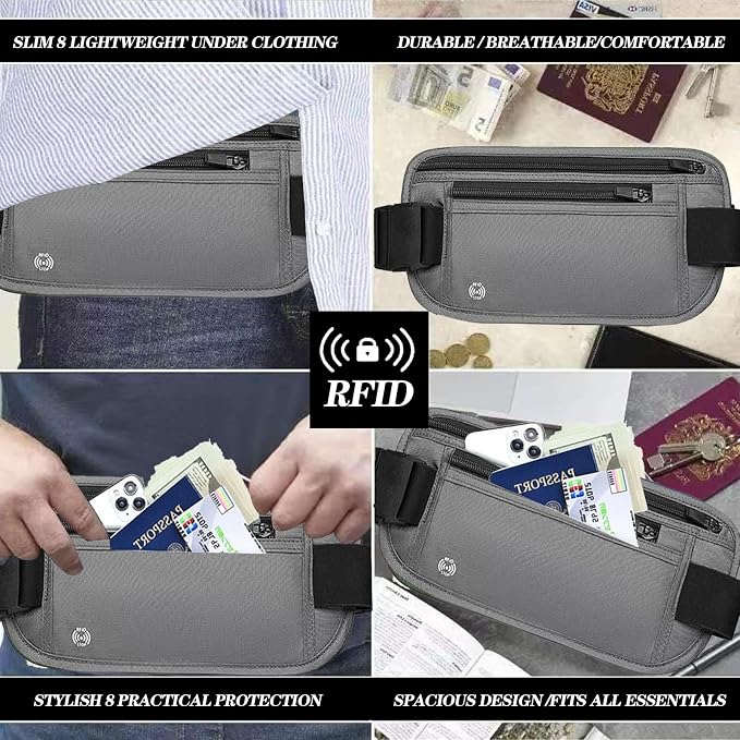 Gray Hidden Money Belt for Travel for Men, Waist Wallet Anti Theft, RFID Passport Holder For Travel Men Or Women, Money Pouch, RFID Passport Holder - Image 6