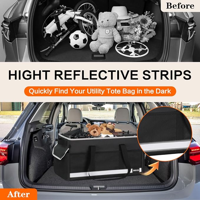 Upgrade Extra Large Utility Tote Bag with Reflective Strip, Standing Reusable Grocery Bags with Hard Bottom & 4 Sided Reinforced, Collapsible Utility Tote with Handles for Shopping, Beach, Car | Upgrade - Image 3
