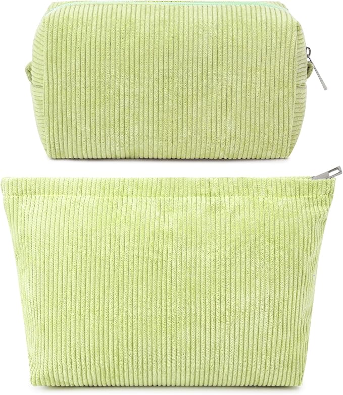 SOIDRAM 2 Pcs Corduroy Makeup Bag Large Cosmetic Bag Toiletry Bag Makeup Pouch Travel Bag Organizer Cute Makeup Brushes Aesthetic Accessories Storage Bag for Women Light Green by SOIDRAM