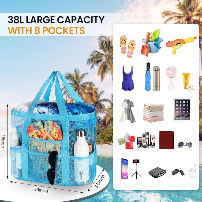 Tavaleu Mesh Beach Bag, Large Capacity Beach Tote, Multi Pockets, Sandproof | Mesh Material, Multiple Storage Pockets, Lightweight & Foldable Design, For Beach & Pool Use, Easy to Clean & Quick Dry - Image 3