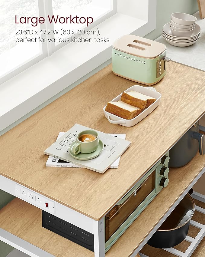 VASAGLE Kitchen Island with 3 Shelves, Kitchen Shelf with Power Strip, 23.6 x 47.2 x 34.9 Inches, Large Worktop, Steel Structure, Industrial, Easy to Assemble, Oak Color and White UKKI101Y01 - Image 6
