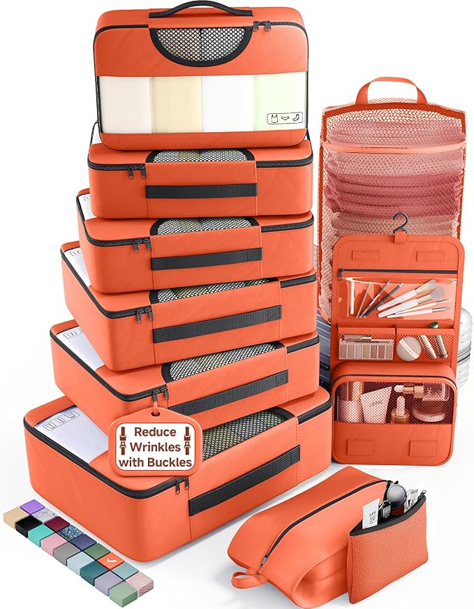 Veken 10 Set Packing Cubes for Travel Essentials,Anti-Wrinkle Buckled Suitcase Organizer for Shoe & Toiletry Bag,Carry On Luggage Bag with 99+ Count Mesh Holes for Airplane & College Dorm Accessories by Veken