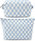 SOIDRAM 2 Pieces Makeup Bag Large Checkered Cosmetic Bag Capacity Canvas Mix Travel Toiletry Bag Organizer Cute Makeup Brushes Aesthetic Accessories Storage Bag for Women, Checkered Mix Blue by SOIDRAM