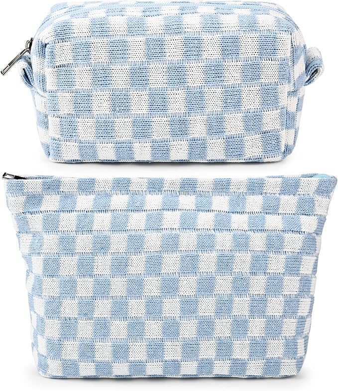SOIDRAM 2 Pieces Makeup Bag Large Checkered Cosmetic Bag Capacity Canvas Mix Travel Toiletry Bag Organizer Cute Makeup Brushes Aesthetic Accessories Storage Bag for Women, Checkered Mix Blue by SOIDRAM