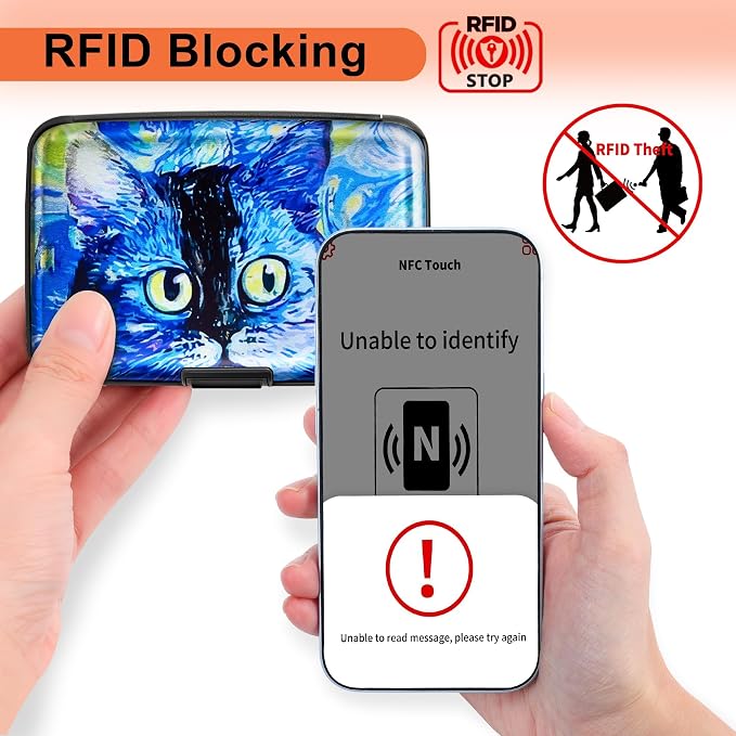 Mayski Credit Card Holder for Women RFID Blocking Wallet, Blue Cat | Card Wallets for Women Small Mini Business Metal Accordion Aluminum Alloy Hard Case for Men - Image 2