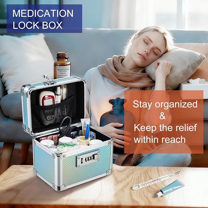 Lockable Medicine Storage Box - Shiny Turquoise Cabinet Med Lock Organizer, 7 * 5.25 * 5.75 Inches Safe Case with Combination Lock for Home, Dorm, Office, or Travel - Mini Size - Image 4