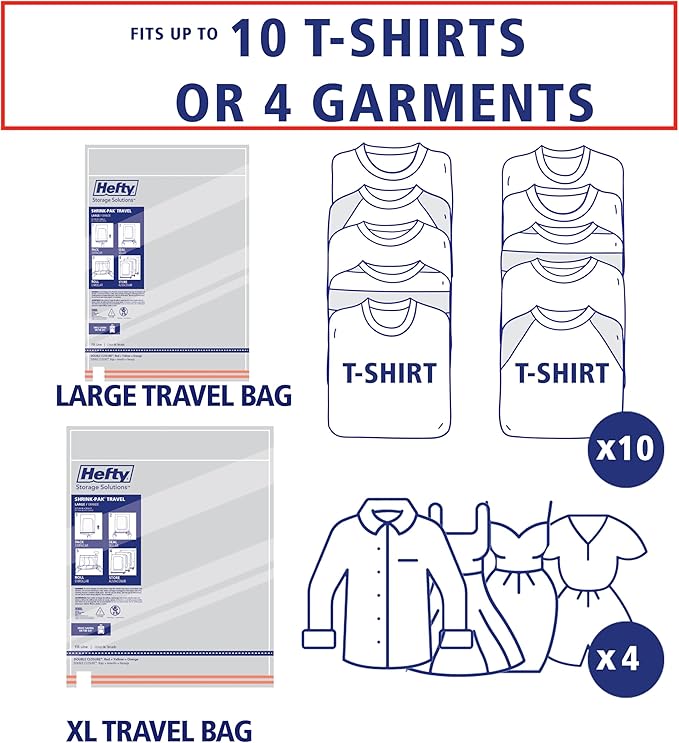 Hefty Shrink-Pak Travel Storage Bags – For Clothes, Pillows, Towels, Blankets & More – Space Saver Suction Sealer Bags for Luggage or Moving – 4 Large, 22.5x18 Inches, 4 XL, 27.5x 19.5 Inches - Image 5