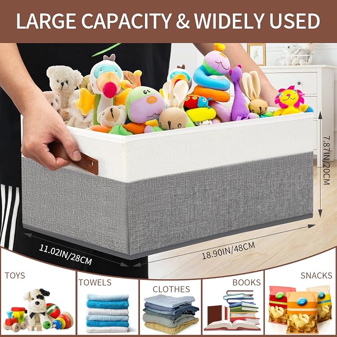 6 Pack Closet Storage Bins, Storage Baskets for Shelves | Linen Closet Organizers and Storage with Leather Handles for Clothes,Towels, Sheets, Jeans, Toys, Books (Grey and White) - Image 3