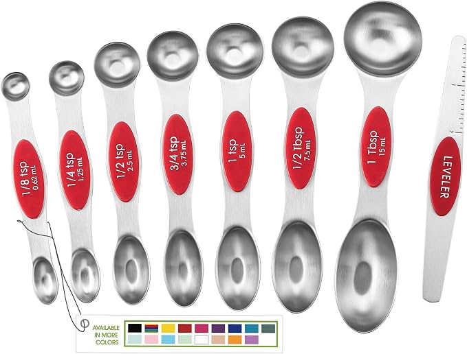 Spring Chef Stainless Steel Magnetic Measuring Spoons Set of 8, Red | Dual Sided Metal Teaspoon & Tablespoon Measuring Spoons with Leveler for Dry & Liquid Ingredients, Fits in Kitchen Spice Jars by SpringChef