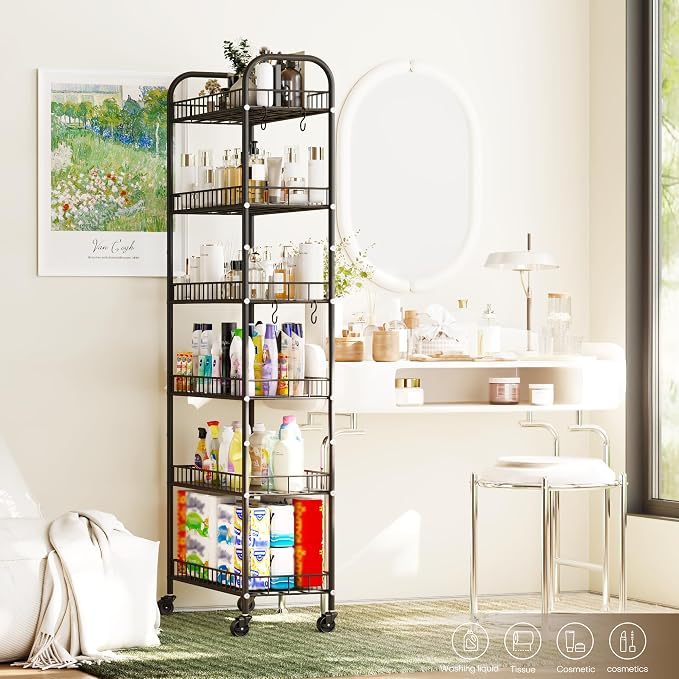 6-Tier Slim Storage Cart, Rolling Kitchen Cart with Wheels | Narrow Metal Shelf Organizer with Hooks for Kitchen, Bathroom, Living Room, Laundry, Small Spaces, Black, 10 in - Image 8