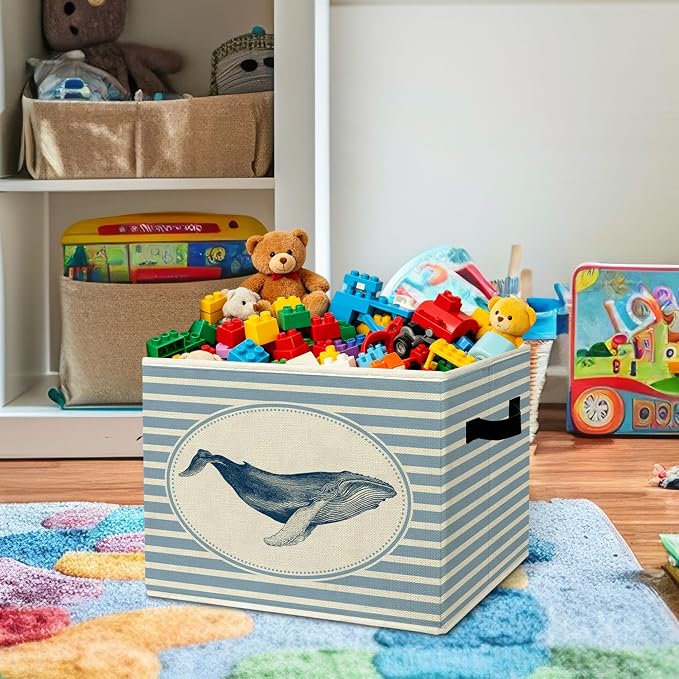 Rustic Whale Storage Bins Boxes with Handles | toys books clothes, sea creatures blue striped nursery foldable basket for organizing bedroom toddler room playroom - Image 2