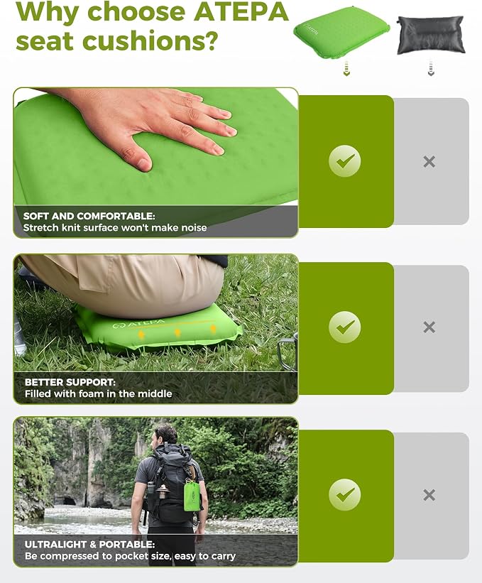 ATEPA Inflatable Seat Cushion | 2" & 2.5" Foam Core Seat Pad, Self Inflating, Compact, Stadium, Airplane, Travel, Camping, Hiking, Sports events - Image 5