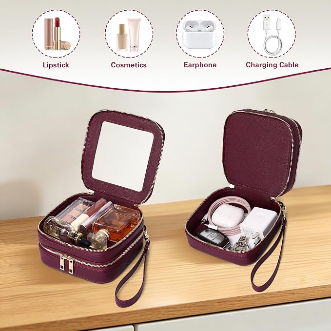 Pinkmik Double Layer Makeup Bag (Burgundy, 2-Layer MINI) | Small Clear Makeup Pouch, Mini Travel Cosmetic & Toiletry Bag, Purse Organizer, Car Essentials for Women - Image 3