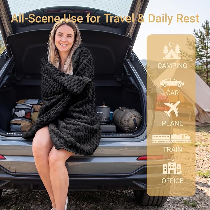 Travel Blanket with Bag, Soft Fleece Portable Airplane Blanket, Black | Soft fleece travel blanket 50x60in grey. 5-in-1: pillow, lumbar support, shawl, hand warmer. Washable, luggage sleeve, clip. - Image 3