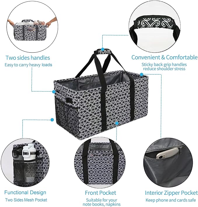 Joyfol Day Extra Large Utility Tote Bag, Reusable Grocery Bags Foldable,Upgraded Metal Frame, With Sturdy Handles Reinforced Bottom Heavy Duty Oxford Fabric Moving Shopping Bags, Heart Black - Image 6