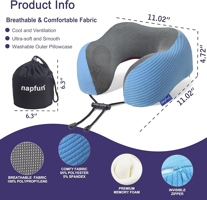 napfun Neck Pillow for Travel with Travel Pouch, Sleep Mask & Earplugs, Memory Foam Airplane Pillow for Headrest Sleep with Eyeshades, Plane Essentials with Eye Blindfold, Sky Blue Striped Kit - Image 2