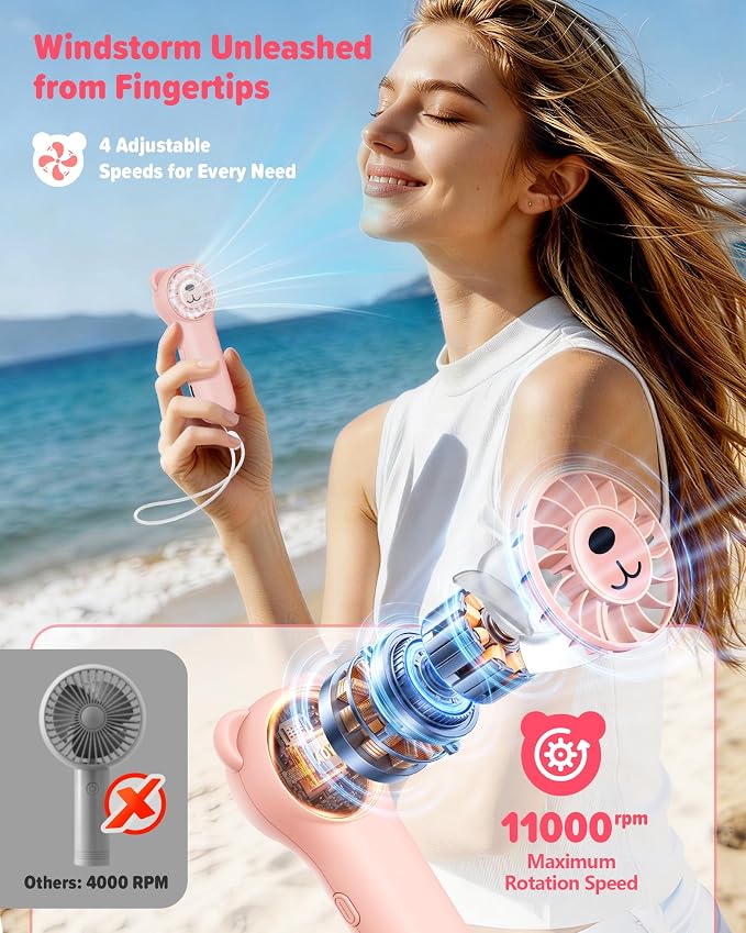 Portable Handheld Fan, Cute Bear Mini Fan with 11000 RPM High Speed, Rechargeable Personal Fan with 4 Speeds, Pocket Small Fan for Travel, Makeup, Lash, Gifts for Women Girl - Pink - Image 3