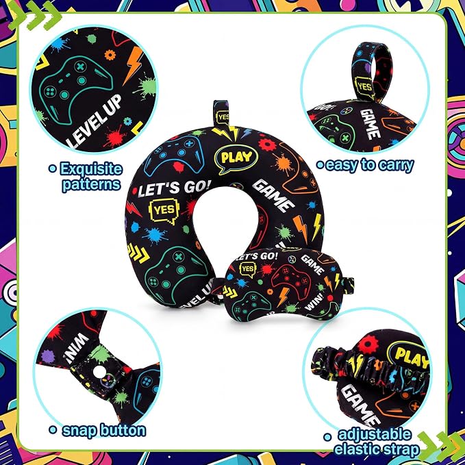 Gilprop 2 Pcs Gaming Travel Pillow with Sleep Eye Mask, U Shaped Memory Foam Headrest & Neck Pillow with Washable Cover, Soft Neck Head Support Travel Accessories for Airplane Car Train Bus Trips - Image 4