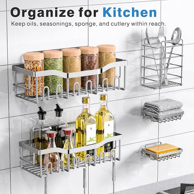 EUDELE 5-Pack Rustproof Stainless Steel Shower Caddy – No Drill Adhesive Bathroom Organizer with Large Capacity, Spacious Shower Shelves for Inside Shower, Kitchen & Home Decor Storage-XL Size - Image 7