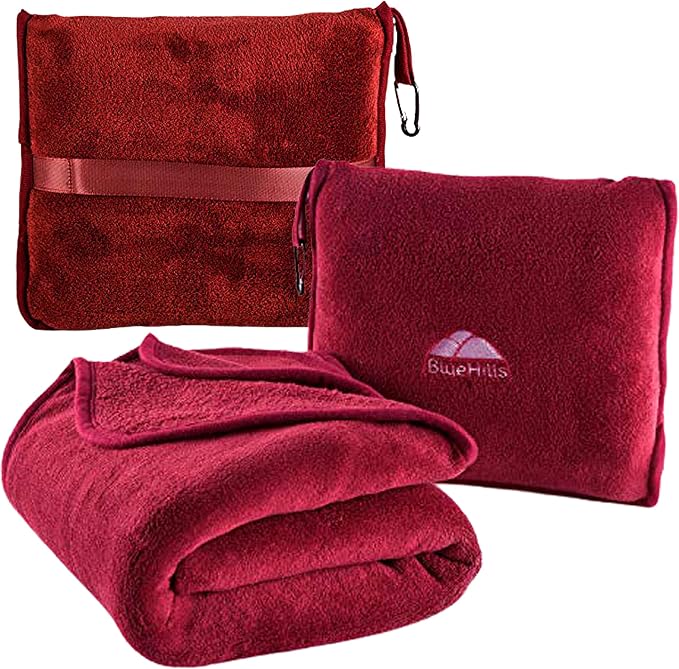 BlueHills Premium Soft Travel Blanket Pillow Airplane 2 in 1 Combo Warm Red | Long Flights, Packed in Soft Bag/Pillowcase, Luggage Belt and Backpack Clip, Compact Traveler Essentials Lightweight Red T001 by BlueHills