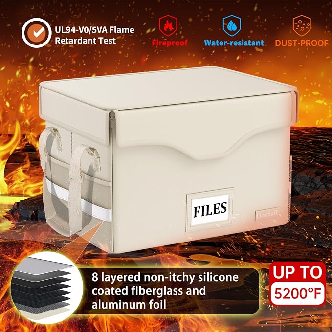 DocSafe 5200°F Fireproof Document Box with Lock,Heat Insulated File Organizer Storage with Pockets,Collapsible Portable Home Office File Safe Box with Handle for Hanging Letter/Legal Folders, Beige - Image 3