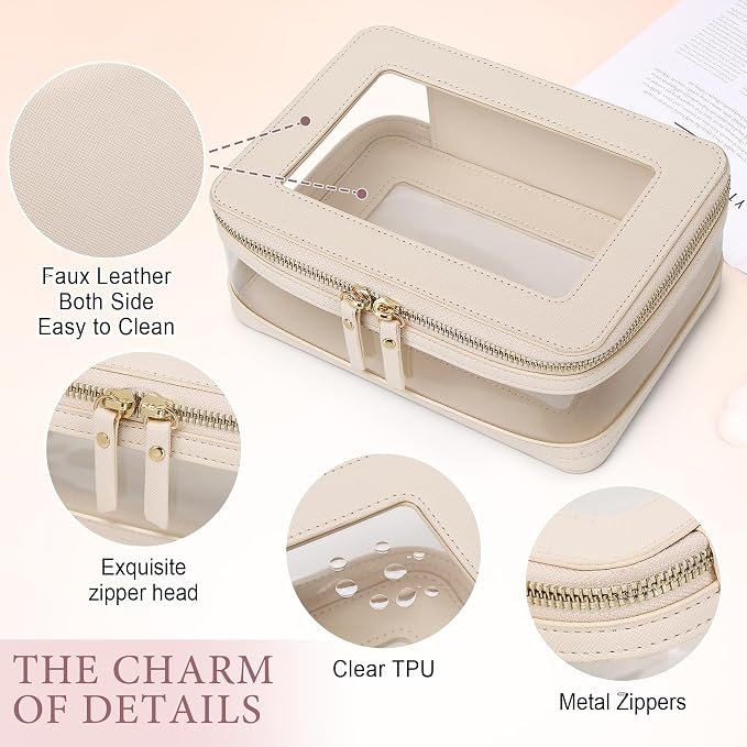 Pinkmik Clear Makeup Bag with Brush Case, (Beige, M+SLIM-1) | 2PC,Travel Toiletry Bag, Waterproof, Cosmetic Organizer, Car Essentials for Women - Image 5