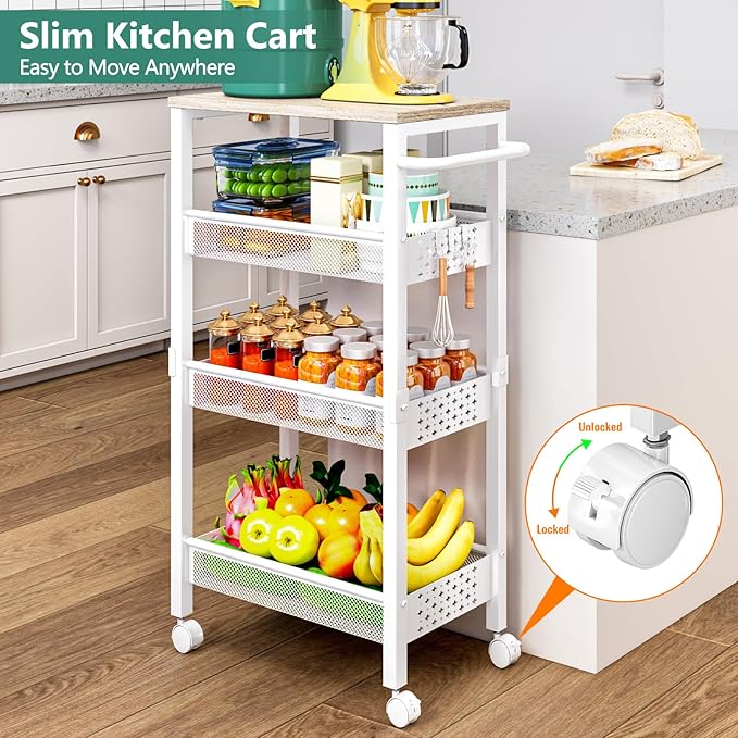 Vivihomety 4-Tier Laundry Utility Rolling Storage Cart with Wheels, Metal | Narrow 8.1" wide, lockable wheels, wood top panel, metal frame, for laundry room, small spaces, pantry, tight gaps, White - Image 2