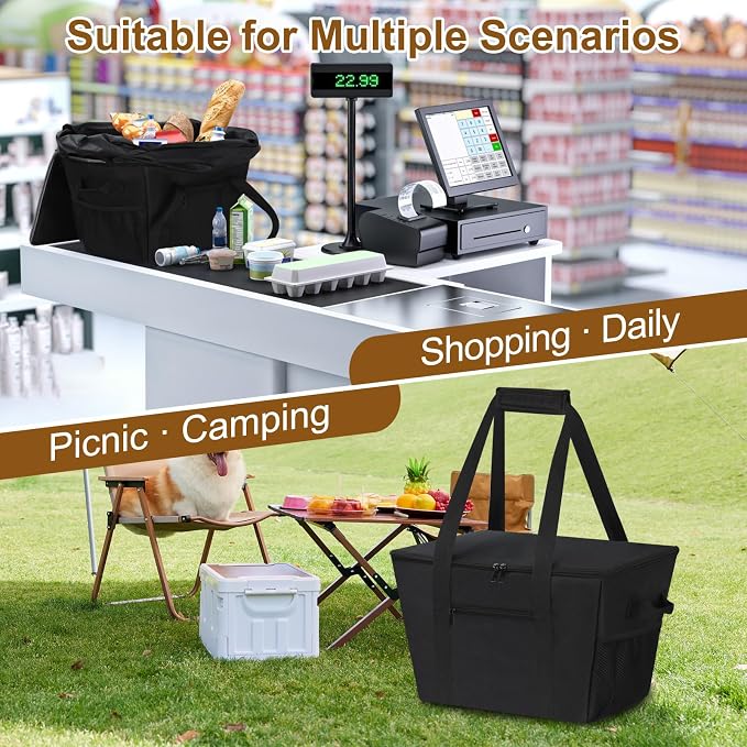 Reusable Grocery Bag – Expandable Insulated Cooler Bag with Bottom Board, Collapsible Insulated Shopping Bag with Zipper & Drawstring, Heavy Duty Tote Bag for Shopping, Delivery, Picnic, Beach - Image 8