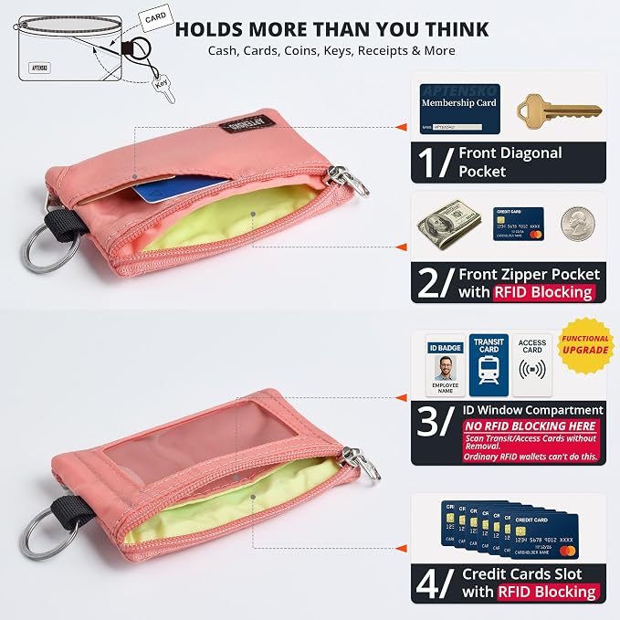 RFID Blocking Travel Wallet with Adjustable Lanyard, Small Nylon Zipper Pouch and Badge Holder for ID, Credit Cards, Cash, Keys, Commuters (Coral Blush) - Image 6