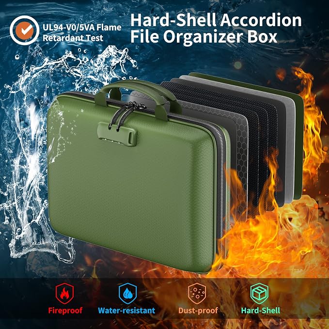 DocSafe Fireproof File Organizer with Lock, Hard-Shell Case Fireproof Document Box with 13 Pocket Accordion File Folder, Portable Home Office Travel Safe Storage for Important Documents Laptop Green - Image 2