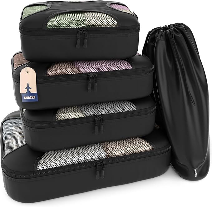Shacke 5 Set Packing Cubes for Travel with Laundry Bag (Pure Black) | Suitcase Organizer Bags Set: 4 Water-Resistant Luggage Cubes, XL to Small, + Laundry Bag for Carry-On or Checked by Shacke