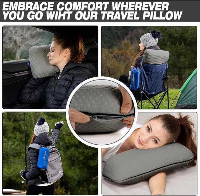 alkamto Travel & Camping Comfortable Memory Foam Pillow – Easy to Carry Portable Bag – Temperature Regulating Pillow Case (Grey) - Image 4