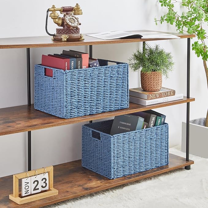 Wicker Storage Basket, Set of 2 Hand-Woven Paper Rope Wicker Basket, Small Storage Baskets for Organizing Toilet Paper Basket, Foldable Large Cube Storage Organizer Bins for Shelves (Blue) - Image 3