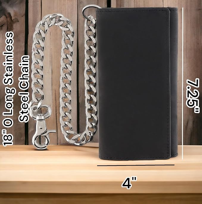 F&L CLASSIC RFID Blocking Mens Tri-fold Long Style Cowhide Leather Steel Chain Wallet,buffalo premium black leather,212-60 - Image 2