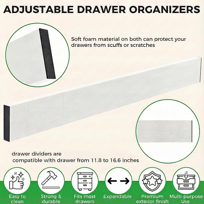 4 Pack Bamboo Drawer Dividers 2.6" High, Adjustable from 12 Inch to 17 Inch | Expandable Kitchen Drawer Organizer Separators for Clothes, Kitchen, Bedroom, Dresser, Office (White) - Image 2