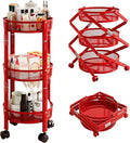 3-Tier Foldable Rolling Cart, Collapsible Metal Utility Cart with Wheels, Assembly-Free, Round Storage Organizer Trolley for Kitchen, Bathroom, Dorm, Nursery-Red by NOEMOCY