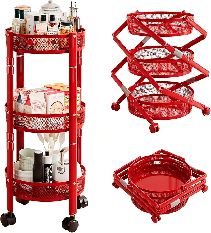 3-Tier Foldable Rolling Cart, Collapsible Metal Utility Cart with Wheels, Assembly-Free, Round Storage Organizer Trolley for Kitchen, Bathroom, Dorm, Nursery-Red by NOEMOCY