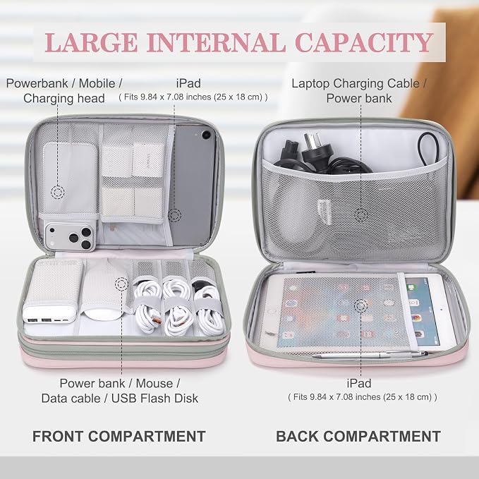 FYY Electronic Organizer, Travel Tech Pouch Bag, Extra Large, Light Pink | Wrist Strap, Waterproof, Double Layers Electronics Travel Case for iPad, Cord, Laptop Charger, Daily and Business Trips Use - Image 3