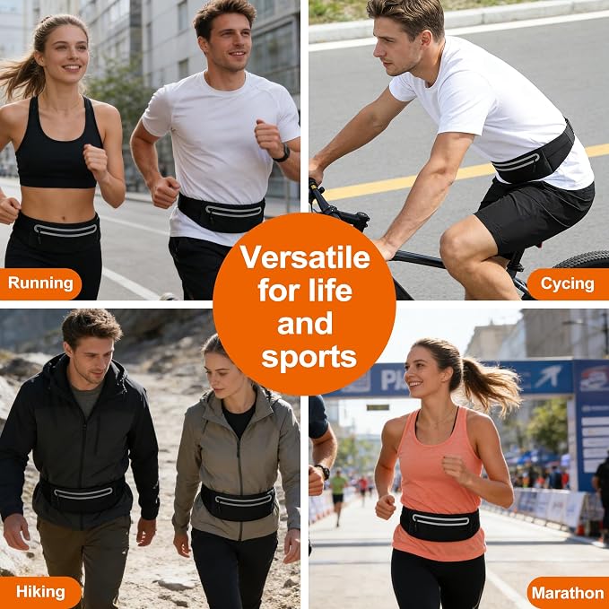 Slim Running Belt for Women Men,Phone Holder Waist Pack,Runners Fanny Pack | No-Bounce,Sweat-Proof Pocket,Travel Money Pouch for Gym/Hiking/Cycling,Three pocket,Two Highly Reflective Strips - Image 7