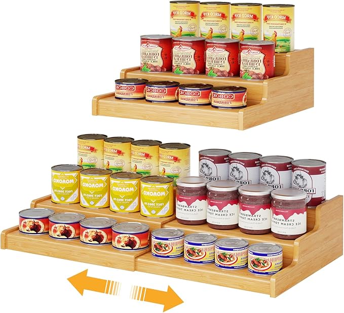 Expandable Bamboo Can Rack Organizer for Pantry, 3-Tier Adjustable Can Storage Holder, Soda Organizer Holds Up to 24 Cans, Canned goods Storage Display for Pantry, Cabinet, Countertop (patent pending) by NuoyuanShen