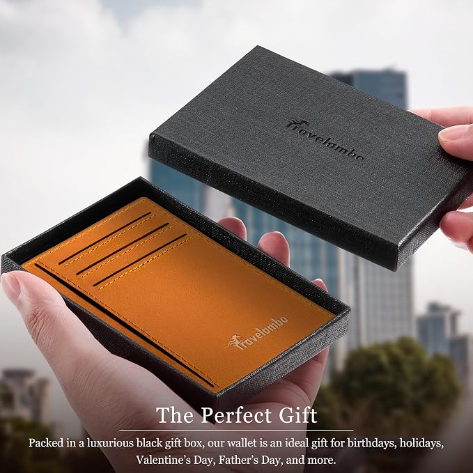Travelambo 100% Genuine Leather Wallet for Men and Women, Slim Minimalist RFID Blocking Front Pocket Credit Card Holder with Gift Box(Brown 02) - Image 6