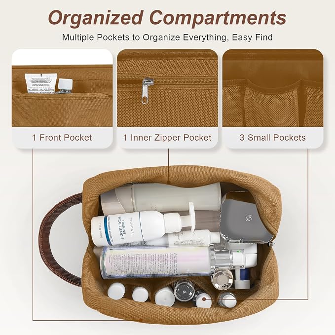 Travel Toiletry Bag for Men, Hanging Toiletry Organizer, Water Resistant Shaving Kit with Large Capacity for Travel Accessories (Brown, Medium) - Image 4