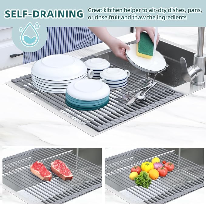 Ohuhu Sink Drying Rack, 20.5" W x 16.1" L Over The Sink Roll-Up Dish Drainer - Rolling Foldable Sink Accessories Heat-Resistant Mat Anti-Slip Silicone Coated Multipurpose for Kitchen Counter - Image 2