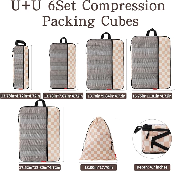 U+U 6 Set Compression Packing Cubes, Travel Organizers (Khaki Checkered) | Space-Saving & Drawstring Bag Included - Image 5
