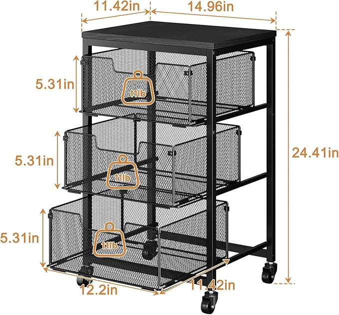 Pantry Organizer and Storage Cart, 3-Tier Kitchen Storage Cart with Drawer, Fruit Vegetable Storage Cart with Wheels, Wooden Top Metal Wire Kitchen Organizer Rack Stand for Food Snack Onion Potato - Image 6