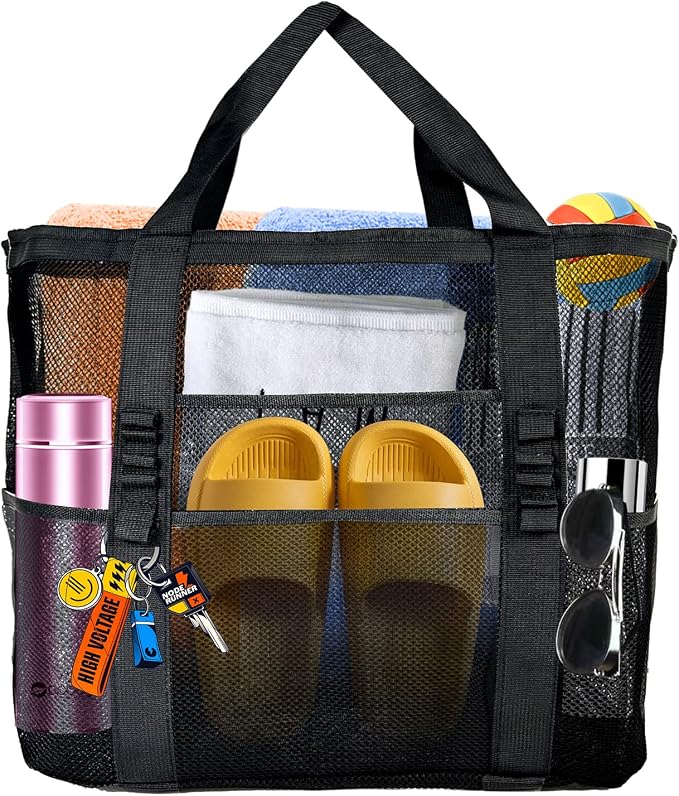 Large Mesh Beach Bag - Lightweight & Foldable Family Beach Bag with 9 Pockets for Toys, Towels & Vacation Essentials by Yunaeduo