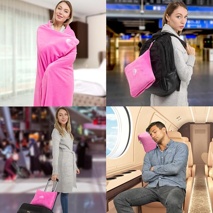 BlueHills Premium Soft Travel Blanket Pillow Value Pack Set of 2 - Airplane Flight Blanket Throw in Soft Bag with Luggage Belt Compact Pack Large Blanket for Travel Pink and Teal Green Color - Image 2